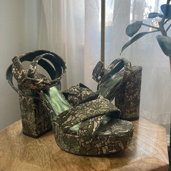 Ash Green Platform Heels Ankle Strap Leather Sole - Picture 1 of 4